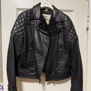 Burberry Prorsum Black Leather Jacket Quilted  Shearling Details - Unworn
